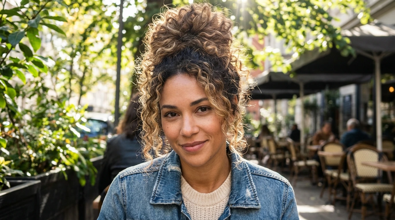 5. Messy Curly Top Knot