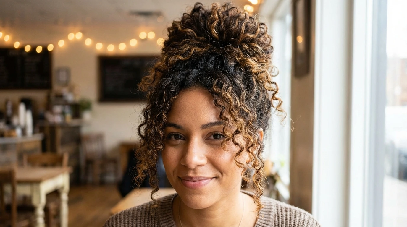 7. Messy Curly Top Knot