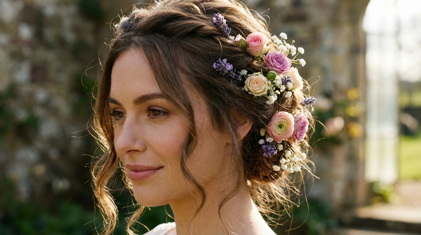 12. Romantic Updo with Flowers