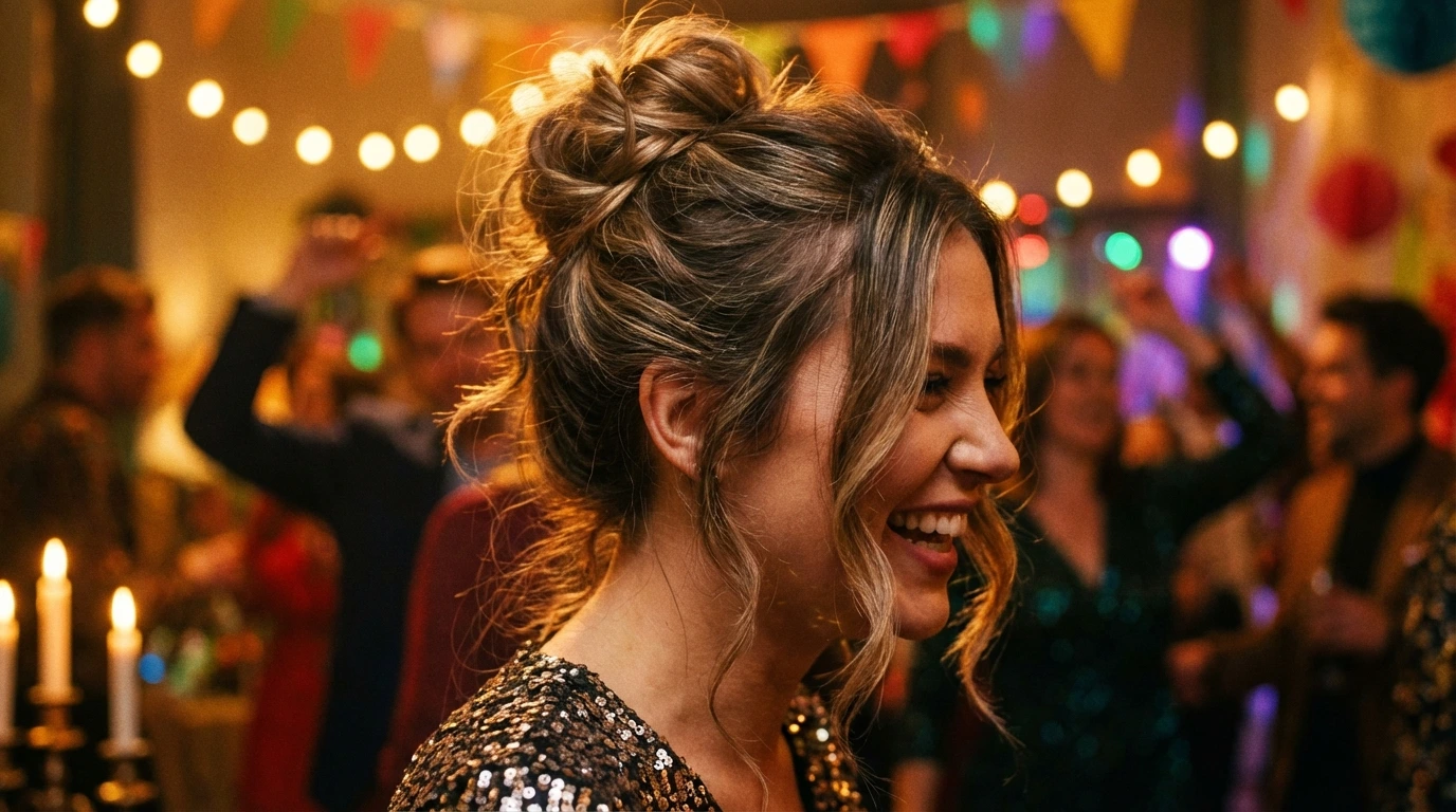 6. Messy Bun with Face-Framing Strands