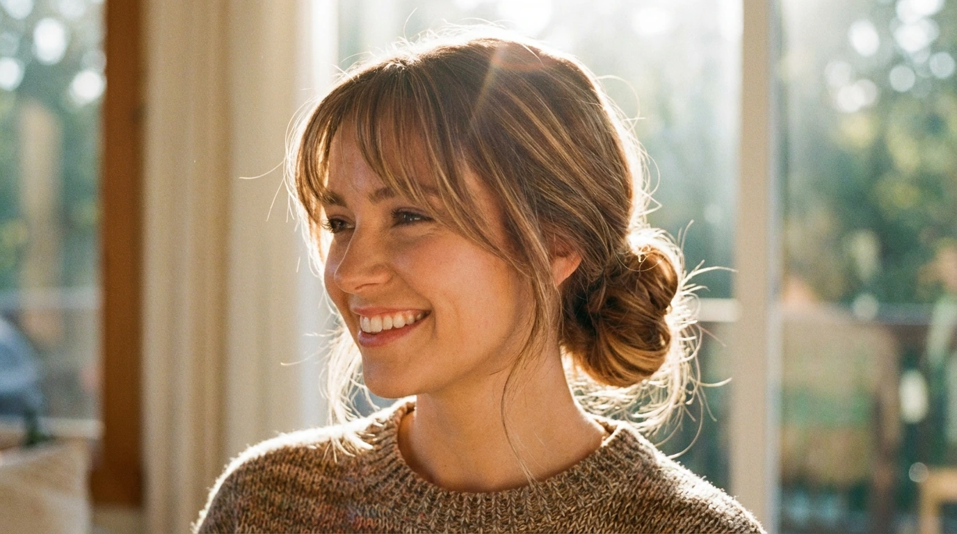 10. Elegant Low Bun with Bangs