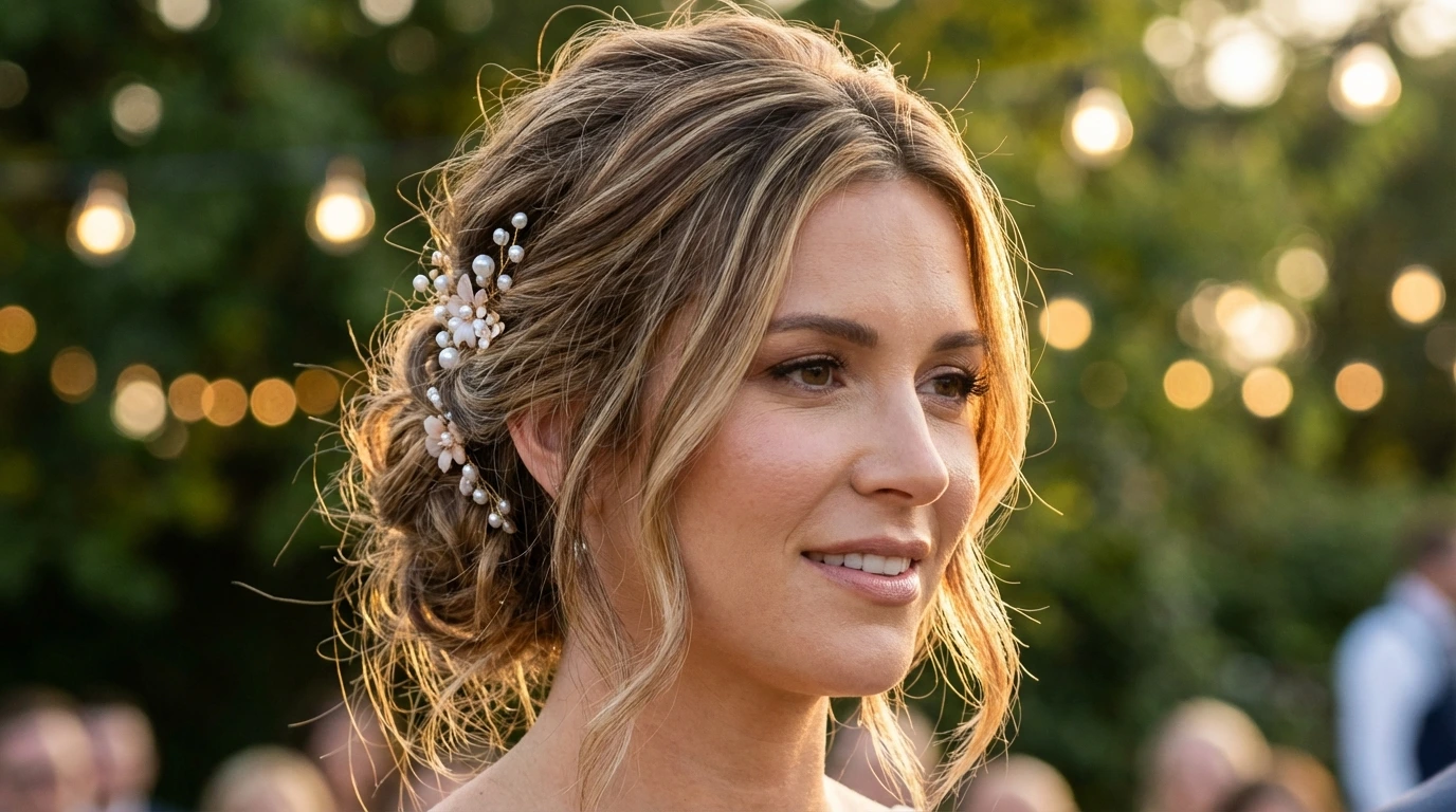 Textured Updo with Face Framing Highlights