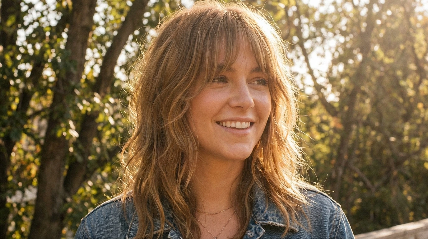 1. Classic Shag with Wispy Bangs