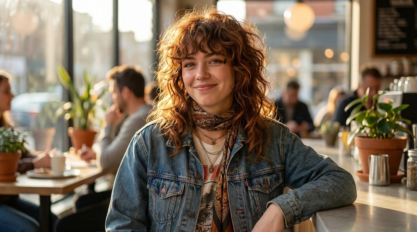 7. Shoulder-Length Shag with Curly Bangs