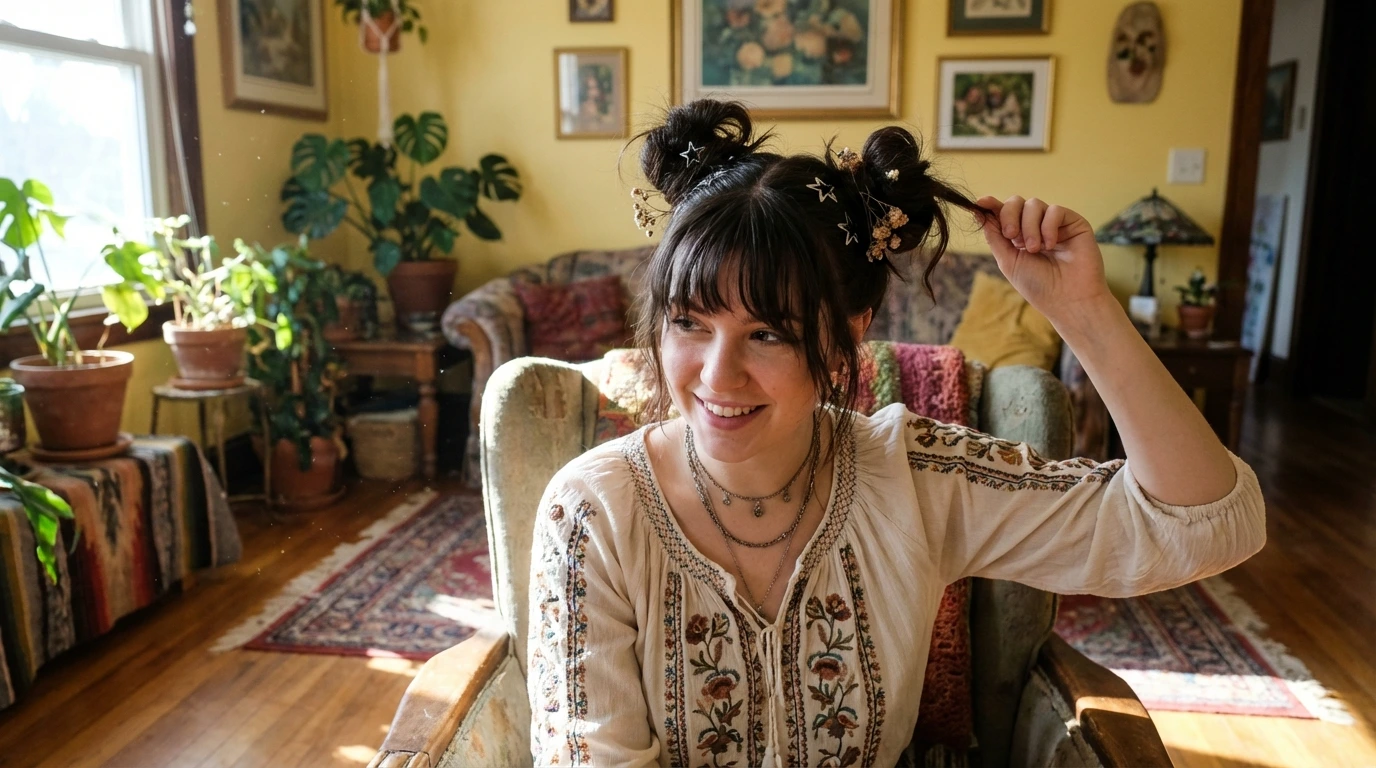 6. Space Buns with Bangs